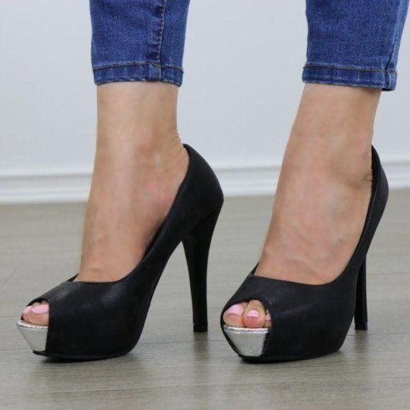 Sexy Black Metallic Peep Toe Platform High Heels - Picture 6 of 9